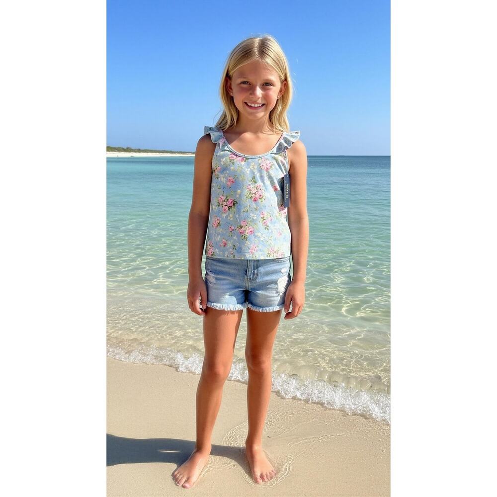 NWT Polo Ralph Lauren Girls' Floral Ruffle Tank Top Blue Size Large 12-14 Casual